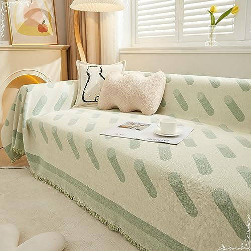 KnSam Home Überwurfdecke, Streifen Sofa Überzug Zweisitzer mit Quaste, rutschfeste Sofahusse Chenille Anti-Rutsch-Couch (180x360CM, Grün)