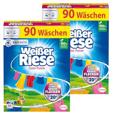 Weißer Riese Color Pulver 180 Waschladungen (2x 90 WL), Colorwaschmittel wirkt riesig stark gegen Flecken, Kalt-Aktiv schon ab 20° C, ergiebiges Waschpulver, ideal für Familien mit Kindern