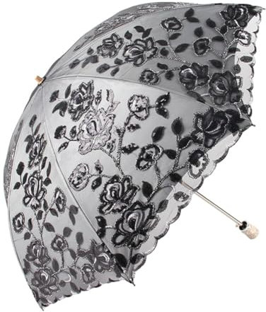 Vintage Lace UV Sun Parasol Folding 3D Flower Embroidery Umbrella Lace Parasols Sunscreen Wedding Bridal Lace Umbrella (Black)