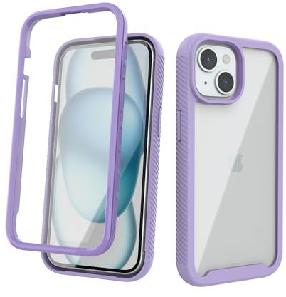 Tveinan for iPhone 15 Case, 360 Full Body Rugged Shockproof Bumper Phone Case, Built-in Screen Protector Cover Anti-Scratch Dustproof Clear Back Design Case for iPhone 15 6.1 (Purple)