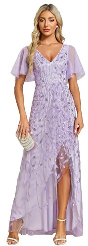 Ever-Pretty Abito da Ospite di Nozze Asimmetrico Scollo a V Linea A Paillettes Foglia Stile Impero Abito Elegante Donna Cerimonia Lavanda 42