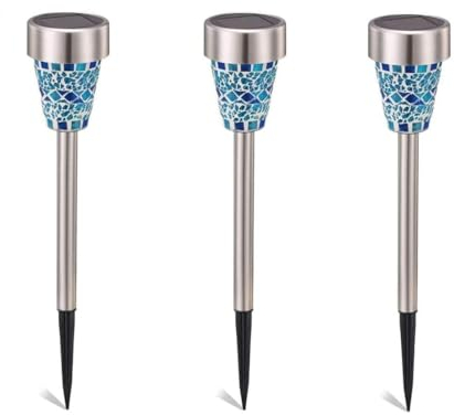 SUAVER Mosaik Solarleuchte, Wasserdichte Solar Gartenleuchte Bodenleuchte Außen Garten Licht,Edelstahl Außenleuchte Solarlampe Dämmerungsschalter Perfekt für Garten, Balkon und Terrasse (3pcs Blau)