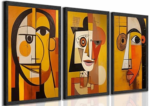 3 Stück Moderne abstrakte Leinwand-Kunst, neutrales Orange, Pablo Picassos zeitgenössische Ästhetik, Porträtmalerei, Bild, Wanddekoration, Posterdruck, Kunstwerk für Schlafzimmer, Wohnzimmer, Büro,