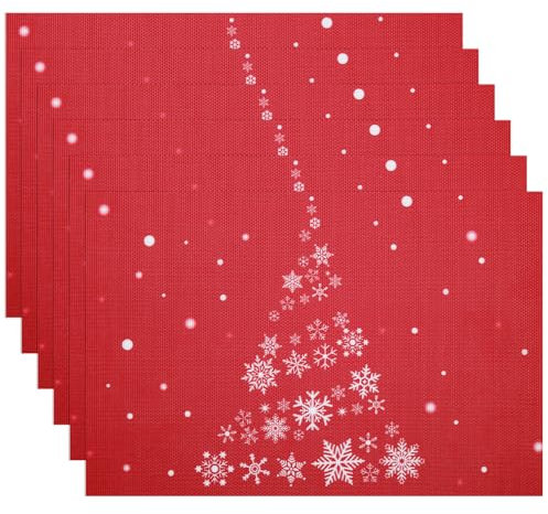 Banchif Tischsets Weihnachten Das Tischset Ist Mit Schneeflocke und Weihnachtsbaum Motiv Abwaschbar rutschfest Abgrifffeste Hitzebeständig PVC Platzsets Tischdeko Weihnachten Set of 6