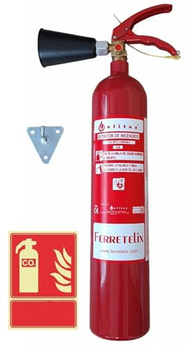 FERRETELIX® Extintor Co2 2 kg + cartel extintor homologado + soporte de pared + difusor