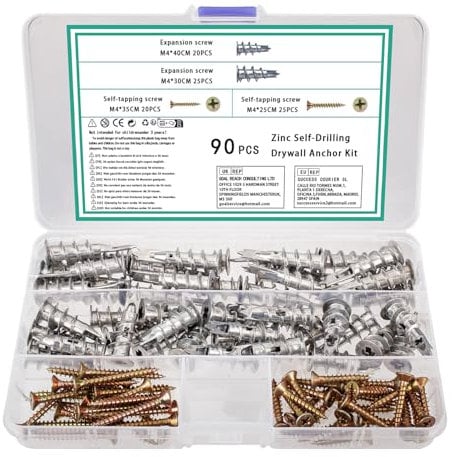 90 Pz M4 Viti e Tasselli per Cartongesso, Tasselli Autofilettante per Cartongesso, Fissaggi Tassello Autofilettante in Metallo, Tasselli Autoperforanti con Viti in Metallo per Impieghi Gravosi