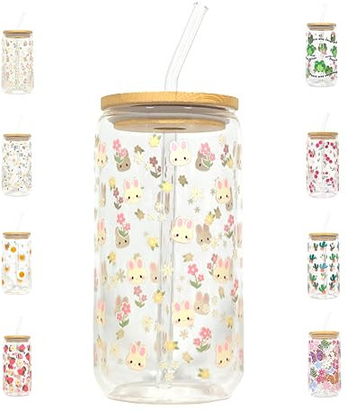 Generisch Glas Becher mit Deckel und Strohhalm, 500ml (16oz), Trinkglas mit Bambusdeckel, Eiskaffeglas, Geschenk (Bunny)