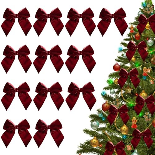 Schleifen Weihnachtsbaum, 12 Stück Weihnachtsschleifen Samt Weihnachten Schleife Weihnachtsbaum Rote Schleifen Weihnachten Weihnachtsbaum Schleifen Samtschleifen für Weihnachtsbaumschmuck (Rot)