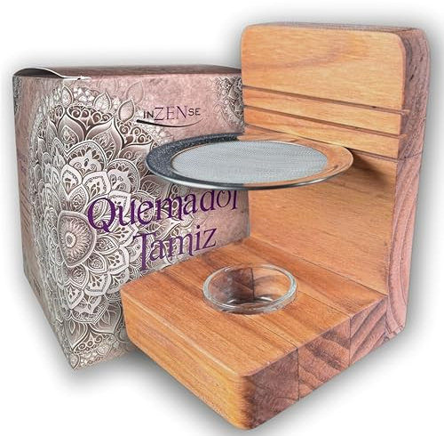 INZENSE - Quemador de Incienso - Quemador Palo Santo Soporte Tamiz + Velas Naturales - Porta Incienso Artesanal Madera - Estuche Regalos Espirituales - Decoracion Zen.