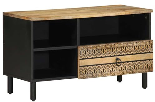 Makastle Meuble TV noir 80x33,5x46 cm bois massif manguier brut