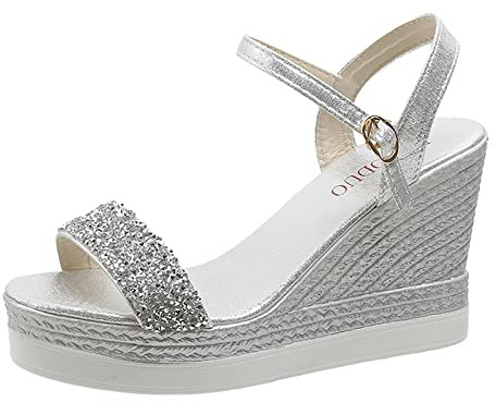 Atmungsaktive Pailletten Elegante Keilabsatz Große Sandalen Damenschuhe Sommerschuhe (Silver, 37)