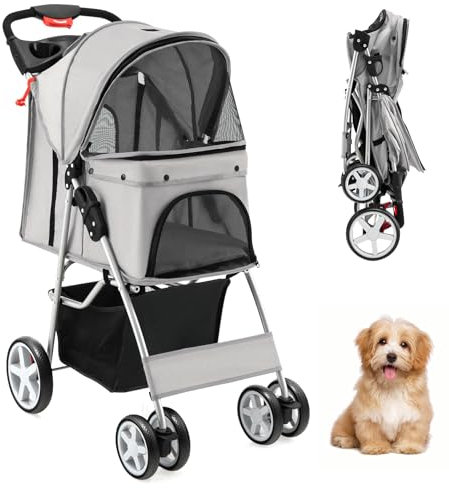 SOARS Hundebuggy, Hundewagen bis 15kg klappbar, Katzenwagen mit Netzfenstern & Getränkehalter & Aufbewahrungskorb, Haustier-Kinderwagen für kleine Haustiere (Grau)