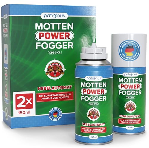 Patronus Motten Power Fogger - 2x 150ml - effektiver Vernebler mit maximalem Sofortschutz gegen Motten, Kleidermotten, Lebensmittelmotten für schwierig erreichbare Motten-Verstecke