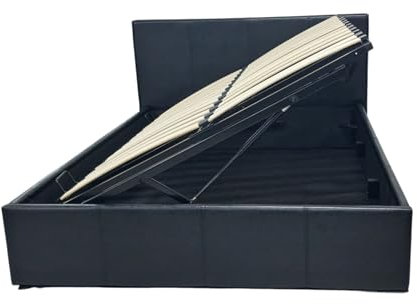 Ottoman Storage Bed Frame with Side Lift, Black Faux Leather, Metal Frame with Wooden Slats, Massiave Underneath Storage (Small Double)