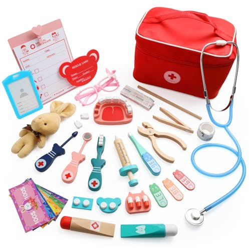 Arztkoffer Kinder Holz, RDTOK 25-teiliges Doktorkoffer Kinder mit Echtem Stethoskop Thermometer, Spritze, Arztkoffer Geschenk für Rollenspiele Spielzeug ab 3 Jahren