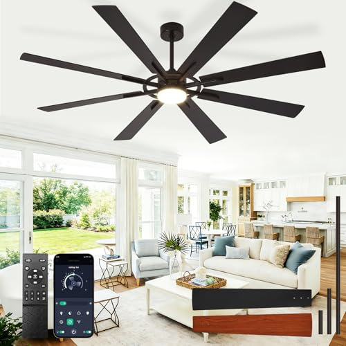 BvenuBigLite Large Ceiling Fans with Lights: Modern Ceiling Fan 6ft 8 Blades Outdoor with App Remote Control, Dimmable Light, Black Fan