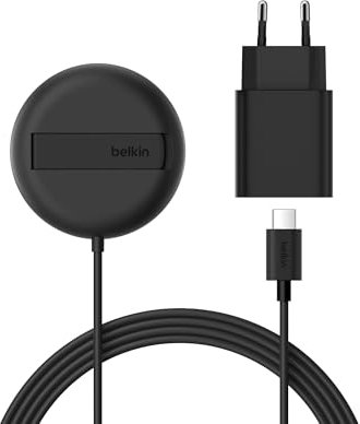 Belkin Magnetisches Kabelloses Ladegerät (15W) mit Ständer – zertifiziertes MagSafe Ladegerät, Qi2 Ladestation für iPhone 16, 15, 14, Samsung Galaxy S25, S24, AirPods usw. (mit Netzteil) – Schwarz