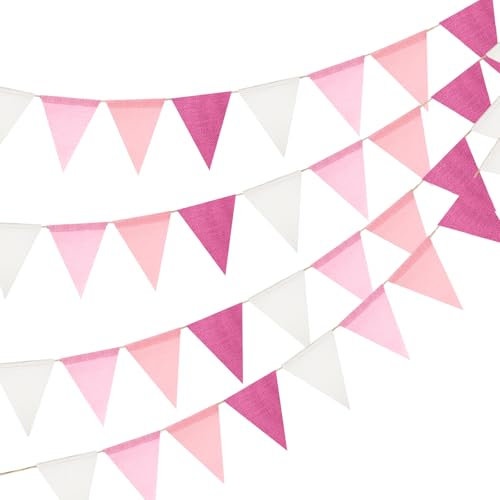 jijAcraft Rosa Wimpelkette Outdoor Wetterfest: 12M Wiederverwendbar Girlande 3 Stück Romantische Garten Deko Girlande 36 Schöne Wimpel für Geburtstag, Jubiläum, Hochzeit
