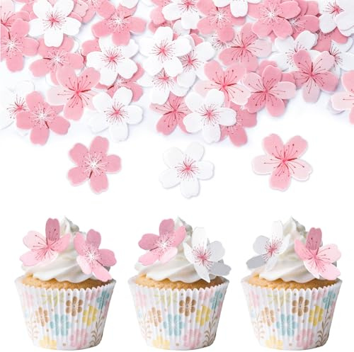 60 Stück Rosa Kirschblüte Tortendeko Essbar | Blume Kuchen Deko, Essbare Cupcake Deko für Hochzeit, Geburtstag, Jubiläum