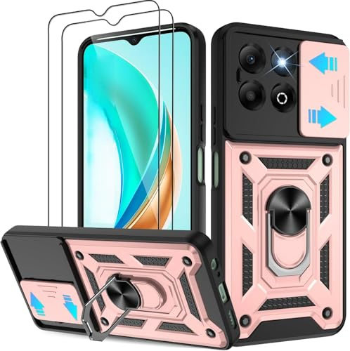 PIXFAB for Honor X6C Case with 2 x Screen Protector Tempered Glass, Shockproof Case with Camera Lens Protection, Protective Ring Armour Phone Case Cover with [Kickstand] - Rose Gold