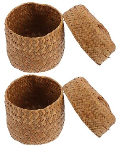 HIAKDOFT 2 Stück Handgefertigter Seegras Aufbewahrungsbox mit Deckel Kleine Geflochtene Körbchen Nachhaltiger Naturmaterial Organizer für Haushalt Geschenkverpackung und Dekoration