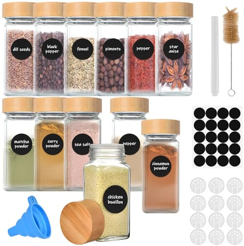 12Pcs Pots à Épices Verre avec Couvercles Bambou, 120ml Boite à Épice Cuisine avec Tamis, Étiquettes, Brosser, Entonnoir, Stylo, Bocal Epices Bocaux Hermetiques Carré pour Rangement Organisation