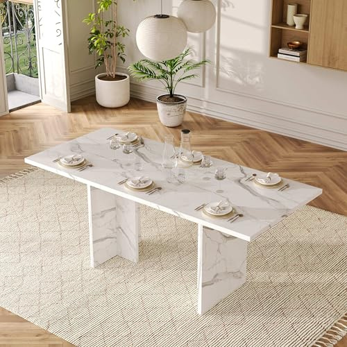 Lahoomu Ausziehbarer Esstisch, 140/180 * 80cm, für 6-8 Personen, Verdickte Tischplatte, Tisch für Esszimmer, Küche, Wohnzimmer, Weißer Marmor