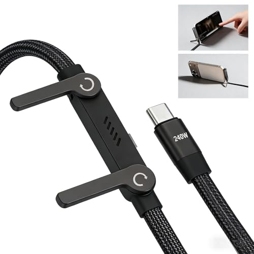 Dongcill Ladekabel mit Ständer, 2-in-1-Ladekabel mit Unsichtbarer Halterung | 240 Watt Stand Ladekabel, 1.5 m Seitliches LadekabelL mit Ständer, für Smartphones/Tablets
