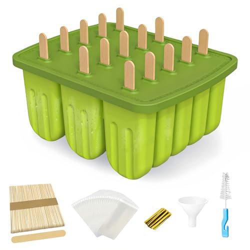 Ice Lolly Moulds 15 Pieces Ice Cream Moulds, Homemade Popsicle Molds, BPA Free Silicone Ice Pop Maker, with 100 Sticks, 100 Bags, 100 Sticks, Funnel, Brush