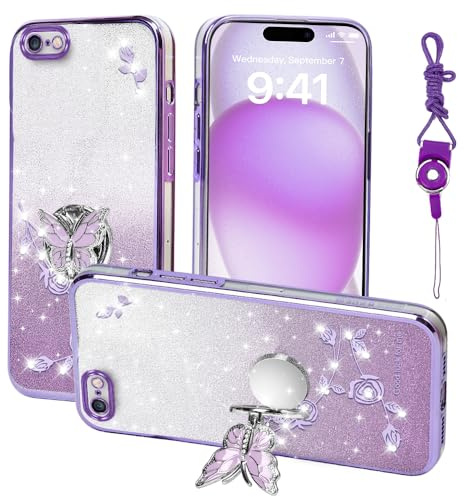 GHTUGHN For Apple iPhone 6 Plus (5.5 ) Cellular Phone Case, for Women and Girls Glitter Butterfly Flower TPU Protective Case with Stand + Strap Case Cover for iPhone 6s Plus (Purple)