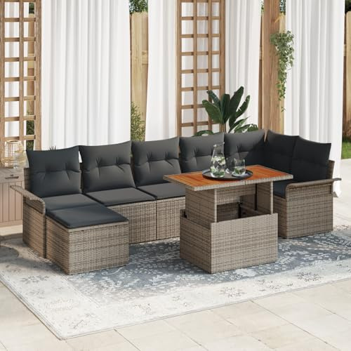 CongVVFV 8-TLG. Garten-Essgruppe mit Kissen Grau Poly Rattan Akazie, Wetterfeste Outdoor-Möbel mit Eckbank und Stauraum für bis zu 7 Personen