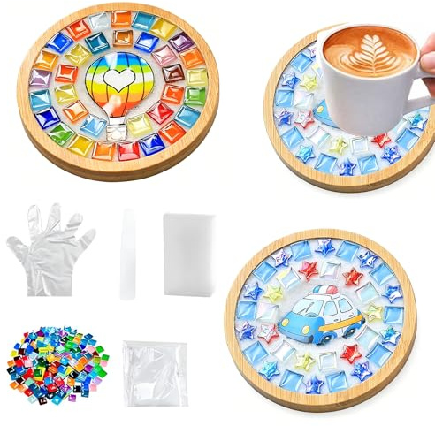 2 Pièces Dessous de Verre en Mosaïque Diy Kit Mosaique Loisirs Créatifs | Adulte des Dessous de Verre Faits à la Main Mosaïque Adaptés aux Activités Parent-Enfant des Enfants et des Adultes-Rond