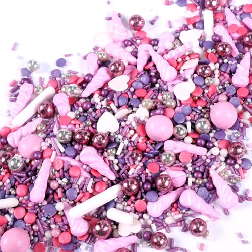 Streuselheld Einhornzauber 40g Zuckerstreusel in Pink, Lila und Weiß | Streuselmix mit 3D Einhörner 16mm, Schokokugeln, Jimmies und Sprinkles als essbare Streudeko für Torten, Cupcakes und Kekse