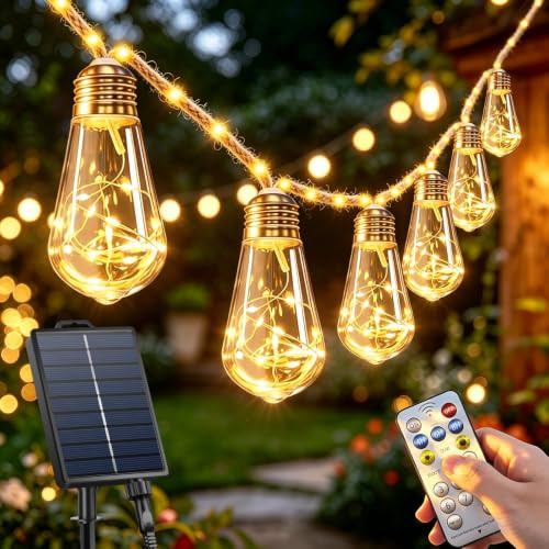 Solar Lichterkette Aussen 17.5M 30 Glühbirnen Vintage Hanfseil Lichterkette Außen Wetterfest mit 116 LEDs Warmweiß 8 Modi Solarlichterketten Outdoor für Terrasse Garten Haus Patio Party Hochzeit Deko