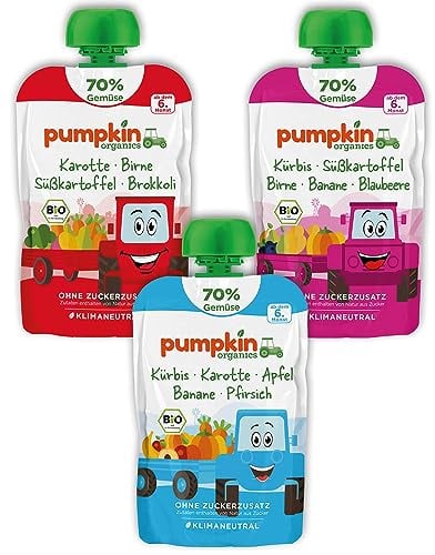 Pumpkin Organics 24er Pack ERSTE LIEBE Bio Gemüse-Quetschies mit 1 Löffelaufsatz - Quetschie ohne Zuckerzusatz¹ - Beikost unterwegs - für Babys ab dem 6. Monat - Kennenlernpaket (24x100g)
