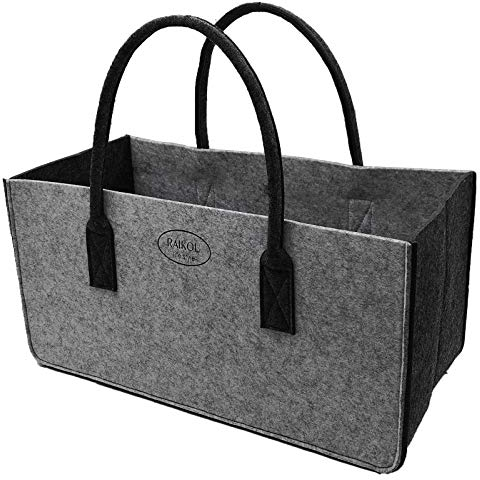 RAIKOU KULT Filz-Tasche Shopper NEU Filzkorb Einkaufstasche Henkeltasche Zeitungskorb Stabile Kaminholztasche Zeitungsständer auch für Spielzeug Garten Picknick Strand (Grau/Anthrazit,50x25x25cm)