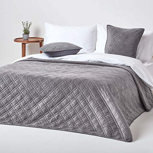 HOMESCAPES Dark Grey Velvet Bedspread Quilted Geometric Throw for Double Bed - 200 x 200 cm