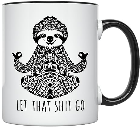 YouNique Designs Let That Shit Go Tasse, 325 ml, Faultier-Kaffeetasse, Meditationsgeschenk, Yoga-Tasse für Frauen, Yoga-Lehrer, Geschenke (schwarzer Griff)