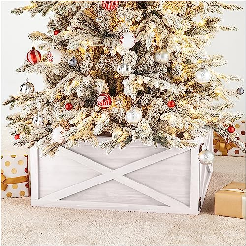 Glitzhome Christmas Tree Collar, Christmas Tree Base Cover, 22 L Washed White Wooden Tree Collars for Artificial Trees Decorative Tree Stand Cover Christmas Tree Skirt Collar