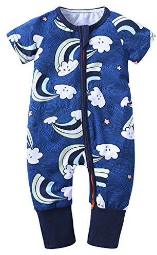Xmiral Kleinkind Kinder Unisex Reißverschluss Cartoon Strampler Jungen Mädchen Kurzarm Overall Neugeborenen Schlafanzug Nachtwäsche(Hellblau,6-12 Monate)