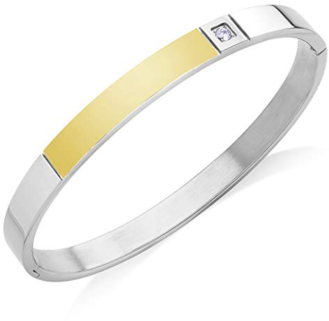 555Jewelry Stainless Steel Oval Hinged Lock Sparkly Cubic Zirconia Wrist Cuff Bangle Bracelet for Men & Women, Designer Inspired Hinged Bracelets for Women, Silver & Gold