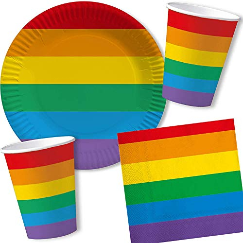 DH-Konzept 65-TLG. Party-Set * Regenbogen Farben * mit Pappteller + Servietten + Pappbecher + Deko | Teller Becher Luftballons Pride Gay LGBT
