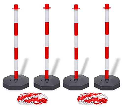 vidaXL Set von 4 Absperrpfosten und 2 Kunststoff-Ketten von je 10 m Leitpfosten Absperrung Poller Pfosten Absperrkette Parkpfosten Abgrenzung Rot und Weiß