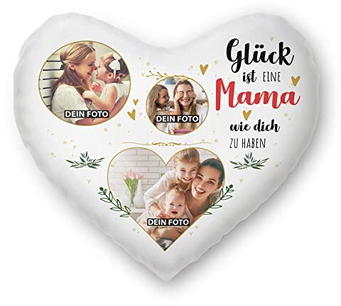PR Print Royal Herzkissen selbst gestalten - mit 3 Fotos Bedrucken - Glück ist eine Mama wie Dich zu haben - Geschenk Muttertag Geburtstag Weihnachten - Herz Fotokissen inkl. Füllung, 40x44 cm