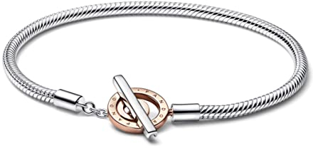 PANDORA Signature Bicolor Logo T-Verschluss Schlangen-Gliederarmband aus Sterling-Silber und rosévergoldeter Metalllegierung - Größe: 18 cm, 582309C00-18