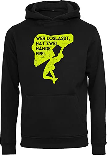 Baddery Kapuzenpullover für Herren : Wer loslässt hat Zwei Hände frei - Kletter Kleidung Zubehör - Hoodie Outdoor Ausrüstung - Bouldern Geschenk Pullover (Schwarz XL)
