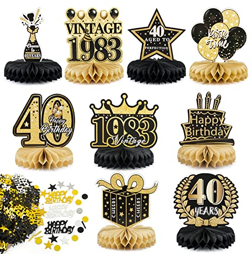 BETESSIN 40. Geburtstag Deko Männer Schwarz Gold - inkl. 9 Stück Bienenwabe Mittelstück und 15g Happy Birthday Konfetti - Tischdekoration zum 40. Geburtstag für Männer und Frauen