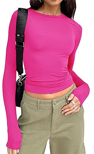 Women's Slim Fit Crop Tops Casual Solid Color Crew Neck Long Sleeve Tight T-Shirt Basic Blouse Tee Tops (Hot Pink, M)