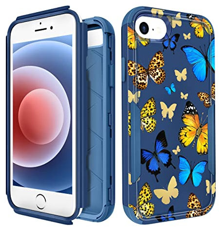 Plakill for iPhone SE Case 2020/2022/3rd Generation, for iPhone 8/7 Case, Heavy Duty Protective Blue Butterflies Cute Phone Cover for Women Men Girls Boys Hard Cases for iPhone 7/8/SE