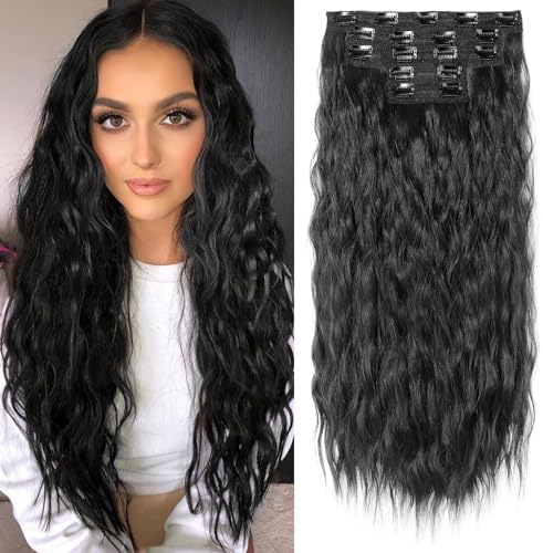 REECHO Clip in Extensions, 5 Teile Haarverlängerungen zum Einclipsen dicke lange lockere Wellen Haarverlängerungen Unsichtbare Spitze Flechte Natürliche weiche haarteile für Frauen - Tiefschwarz